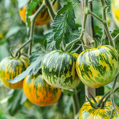 Plants de tomates Green Zebra luxuriants dans un beau jardin potager - culture de légumes biologiques.